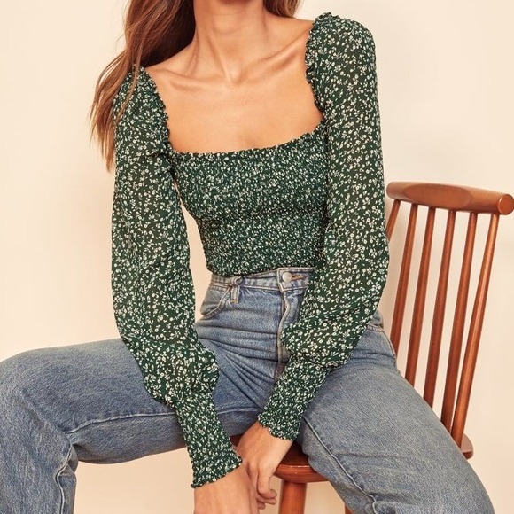 Reformation Tops - Reformation Green Pinto Top Parsley Floral Print Smocked Blouse Size Medium